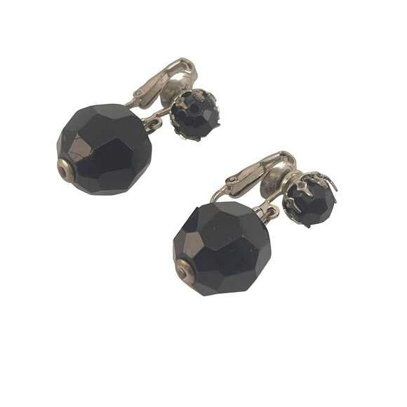 Western Germany Vintage Black Faceted Glass Clip-On Earrings 1950s - Picture 1 of 7